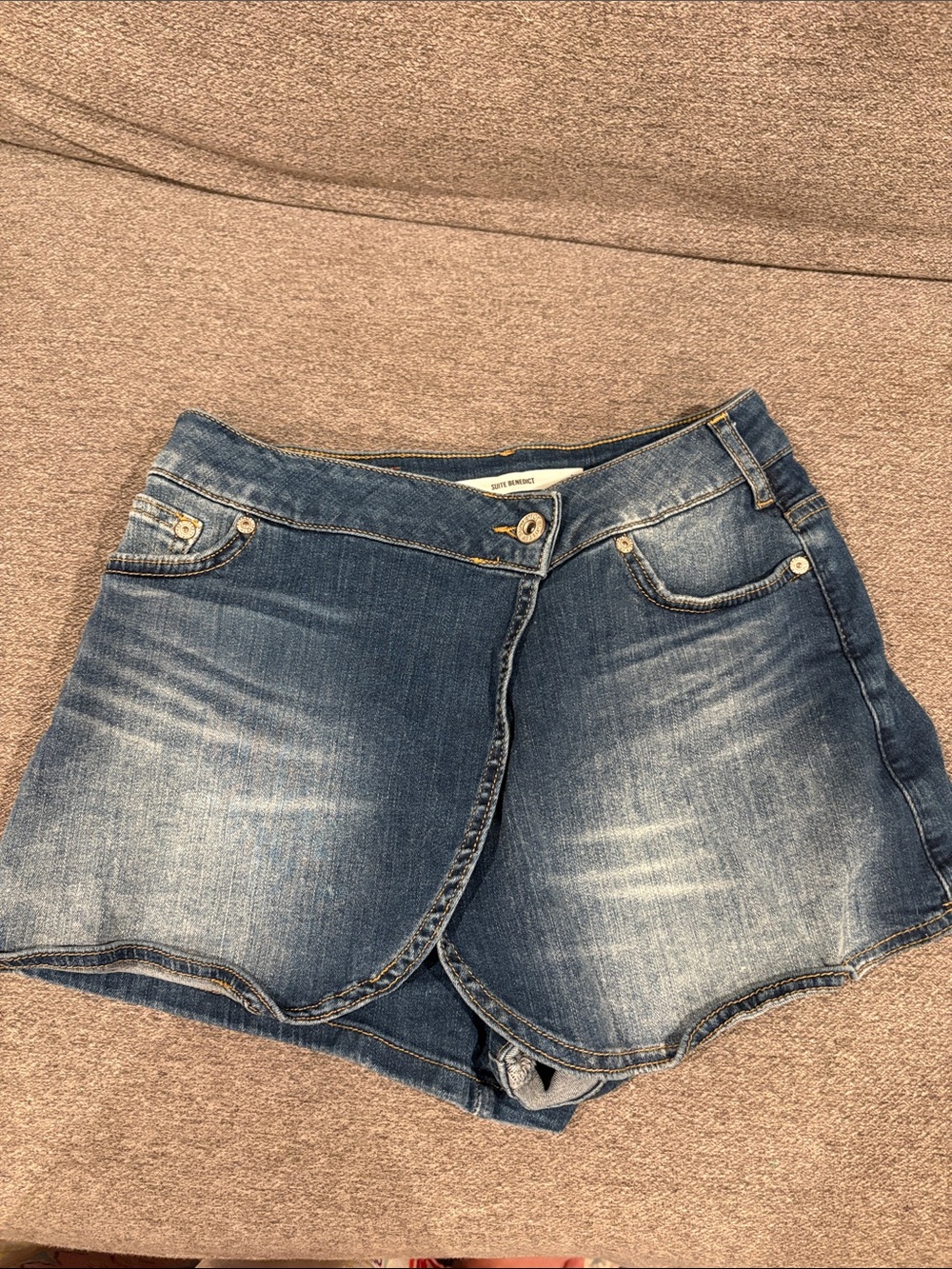 Denim Wrap-Front Shorts in Medium Blue